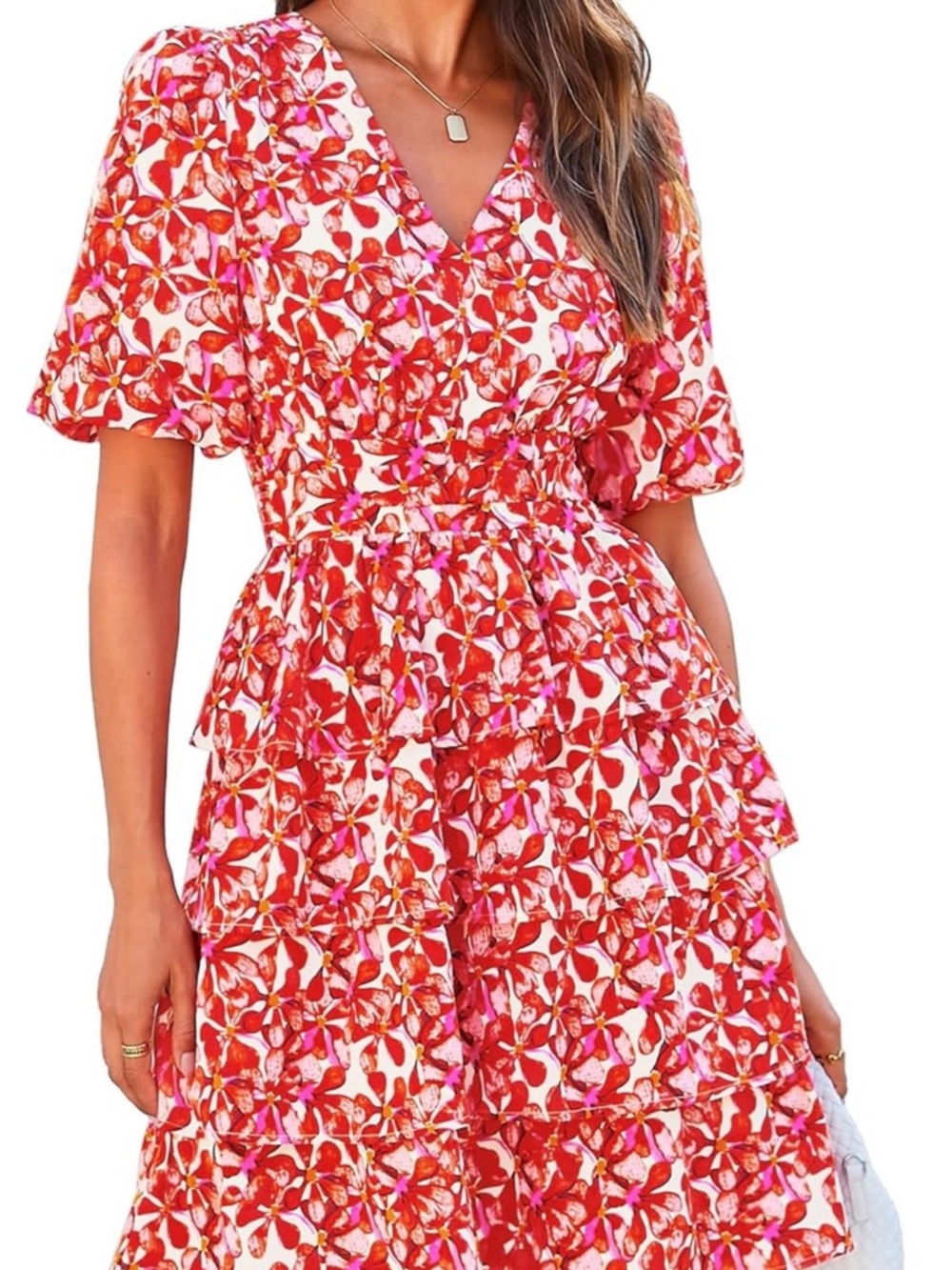 Floral V-Neck Ruffle Tiered Dress in Red